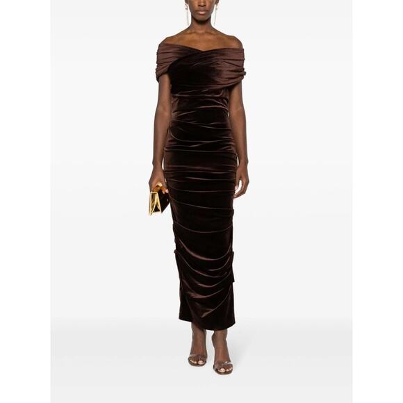 Alex Perry Layne Off Shoulder Brown Velvet Ruched Midi Dress Sz 6 Evening Formal - Picture 1 of 14